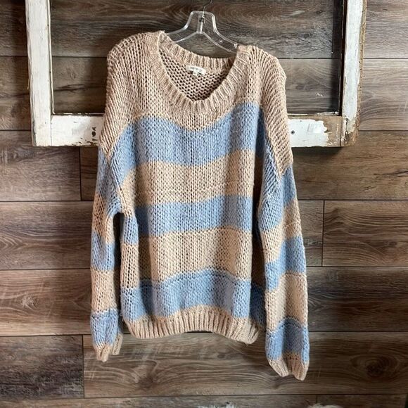 MIRACLE STRIPED ROUND NECK BUBBLE SLEEVE OVERSIZED CABLE KNIT SWEATER SZ M/L - Picture 3 of 9